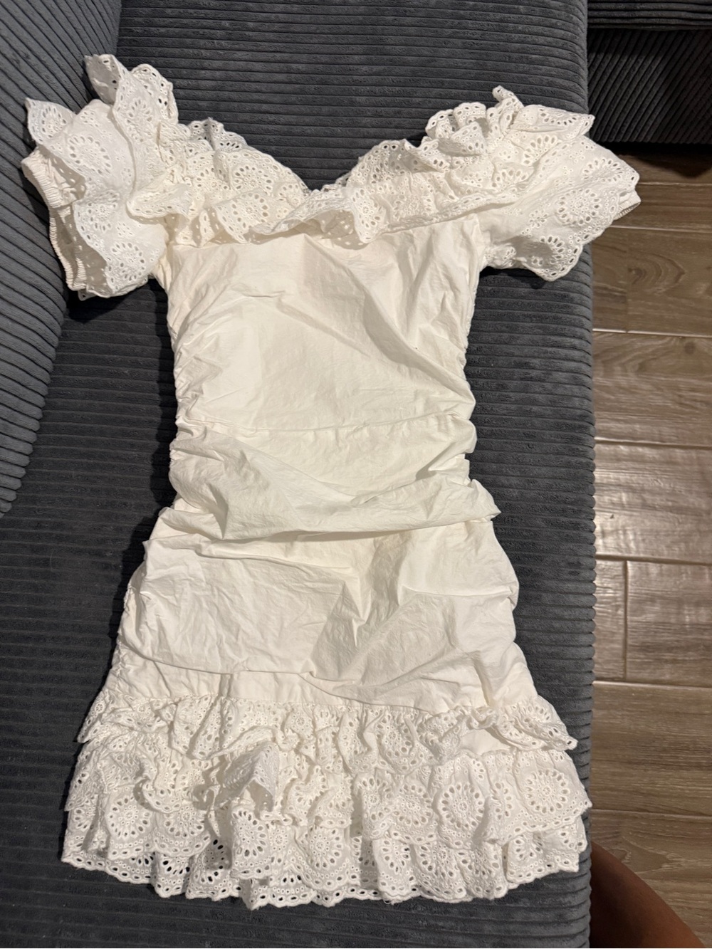 Fashion Nova White Off-Shoulder Eyelet Ruffle Mini Dress